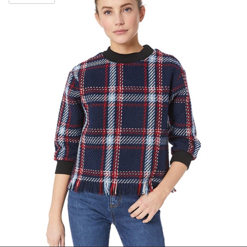 J.O.A. Fringed Pullover knit boxy plaid wool blend Sweater